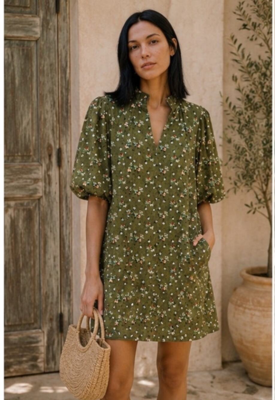 THML Green Floral Corduroy Puff Sleeve Dress XL Lined Pockets Cottagecore